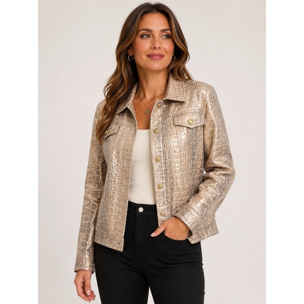 Croc‎ Embossed Metallic Jacket XL Beige Gold Shimmer Animal Print Blazer Chic
